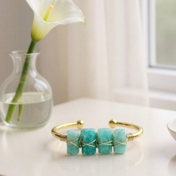Amazonite Wire Wrap Cuff – 14Kt Gold Over Copper – Tranquility Talisman Handmade - Picture 11 of 11